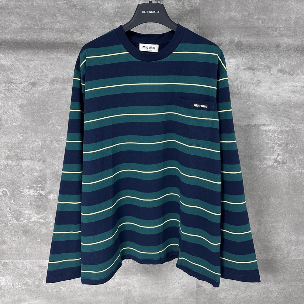 Miu Miu Women's Loose Gray-Blue Striped Long Sleeves